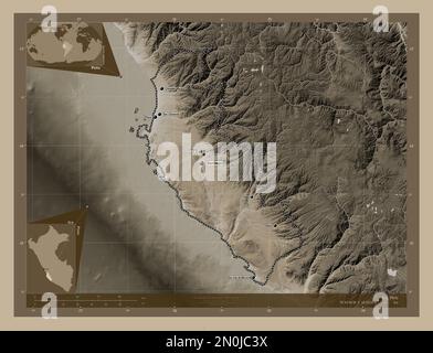 ICA, regione del Perù. Mappa dell'altitudine colorata in tonalità seppia con laghi e fiumi. Località e nomi delle principali città della regione. Ausiliario angolo l Foto Stock
