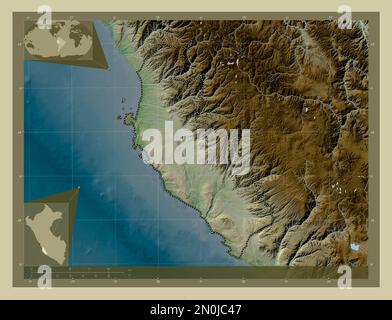 ICA, regione del Perù. Mappa dell'altitudine colorata in stile wiki con laghi e fiumi. Mappe delle posizioni ausiliarie degli angoli Foto Stock