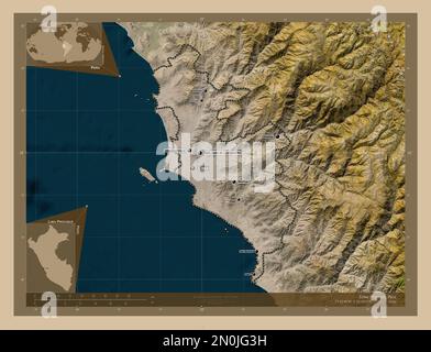 Provincia di Lima, provincia del Perù. Mappa satellitare a bassa risoluzione. Località e nomi delle principali città della regione. Mappe delle posizioni ausiliarie degli angoli Foto Stock