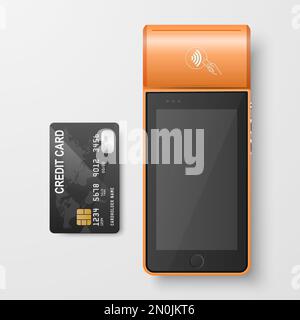 Vector 3D Orange NFC pagamento macchina e carta di credito isolato. Wi-fi, pagamento wireless. Terminale POS, modello di progettazione della macchina per il pagamento bancario Illustrazione Vettoriale