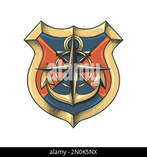 Tatuaggio dell'ancora della nave e della Rosa del vento su uno scudo isolato su fondo bianco. Illustrazione vettoriale Illustrazione Vettoriale