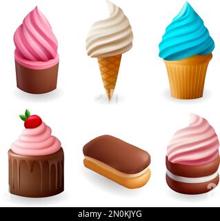 3d set di icone per torte, gustosa collezione vettoriale per gelato. Delizioso cibo compleanno celebrazione forno segno Illustrazione Vettoriale