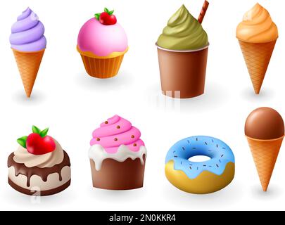 3d set di icone per torte, gustosa collezione vettoriale per gelato. Delizioso cibo compleanno celebrazione forno segno Illustrazione Vettoriale