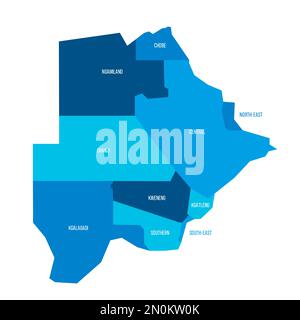 Botswana carta politica delle divisioni amministrative - distretti rurali e urbani. Mappa vettoriale blu piatta con etichette dei nomi. Illustrazione Vettoriale