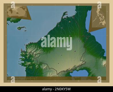 Cavite, provincia delle Filippine. Mappa di altitudine colorata con laghi e fiumi. Posizioni delle principali città della regione. Mappe delle posizioni ausiliarie degli angoli Foto Stock