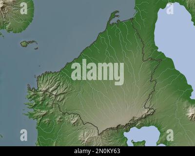 Cavite, provincia delle Filippine. Mappa dell'altitudine colorata in stile wiki con laghi e fiumi Foto Stock