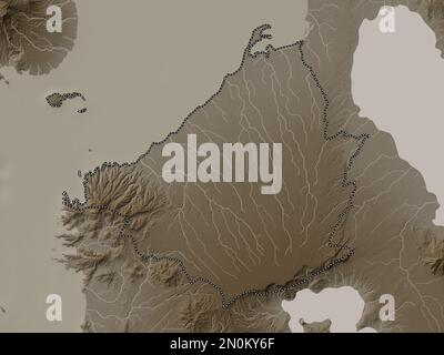 Cavite, provincia delle Filippine. Mappa dell'altitudine colorata in tonalità seppia con laghi e fiumi Foto Stock