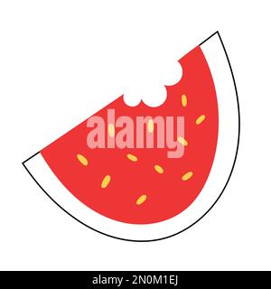 Putten fetta di frutta di anguria. Fetta rossa dolce di frutta con semi neri, illustrazione carino cartone animato Illustrazione Vettoriale