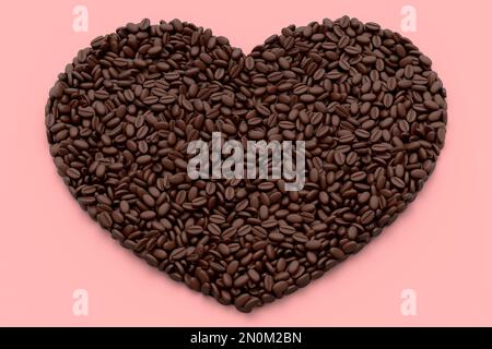 I chicchi di caffè arrostiti si diffondono come fondo a forma di cuore. 3d rendering del concetto di cibo e bevande da asporto Foto Stock