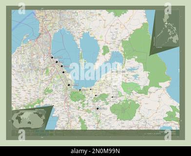 Laguna, provincia delle Filippine. Aprire la mappa stradale. Località e nomi delle principali città della regione. Mappe delle posizioni ausiliarie degli angoli Foto Stock