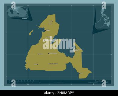 Maguindanao, provincia delle Filippine. Forma a tinta unita. Località e nomi delle principali città della regione. Mappe delle posizioni ausiliarie degli angoli Foto Stock