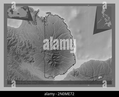 Misamis Occidental, provincia delle Filippine. Mappa in scala di grigi con laghi e fiumi. Posizioni delle principali città della regione. Angolo ausiliario Foto Stock