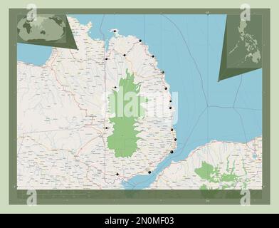 Misamis Occidental, provincia delle Filippine. Aprire la mappa stradale. Posizioni delle principali città della regione. Mappe delle posizioni ausiliarie degli angoli Foto Stock