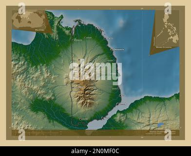 Misamis Occidental, provincia delle Filippine. Mappa di altitudine colorata con laghi e fiumi. Località e nomi delle principali città della regione. Angolo au Foto Stock