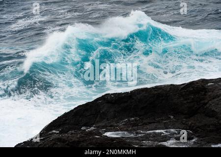 Costa settentrionale di Gran Canaria, Isole Canarie, onde che si infrangono contro rocce laviche scure. Foto Stock