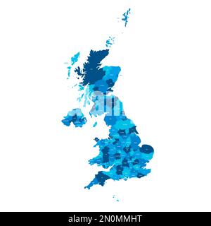 Regno Unito di Gran Bretagna e Irlanda del Nord Mappa politica delle divisioni amministrative: Contee, autorità unitarie e Greater London in Inghilterra, distretti dell'Irlanda del Nord, aree del consiglio della Scozia e contee, distretti e città del Galles. Mappa vettoriale blu piatta con etichette dei nomi. Illustrazione Vettoriale