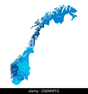 Norvegia carta politica delle divisioni amministrative - contee e città autonoma di Oslo. Mappa vettoriale blu piatta con etichette dei nomi. Illustrazione Vettoriale