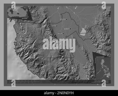 Sultan Kudarat, provincia delle Filippine. Mappa altimetrica bilivello con laghi e fiumi. Località e nomi delle principali città della regione. Angolo auxili Foto Stock