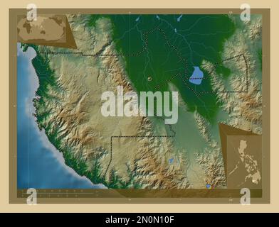 Sultan Kudarat, provincia delle Filippine. Mappa di altitudine colorata con laghi e fiumi. Mappe delle posizioni ausiliarie degli angoli Foto Stock