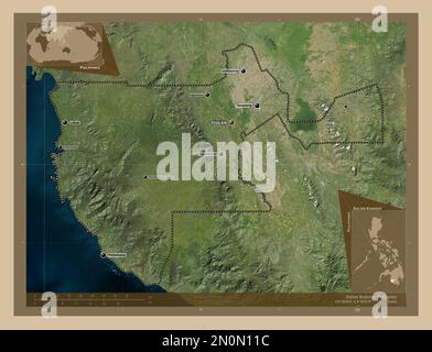 Sultan Kudarat, provincia delle Filippine. Mappa satellitare a bassa risoluzione. Località e nomi delle principali città della regione. Posizione ausiliaria angolo ma Foto Stock