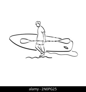 uomo che tiene paddle board sulla spiaggia illustrazione vettore disegnato a mano isolato su sfondo bianco linea d'arte Illustrazione Vettoriale