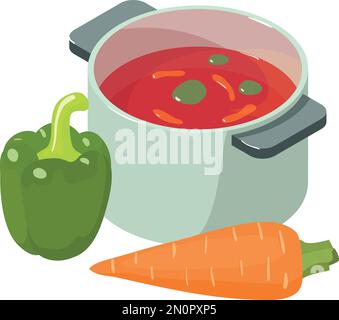 Vettore isometrico dell'icona del primo piatto. Zuppa di verdure rosse, carota, peperone dolce verde. Concetto di cibo, nutrizione sana Illustrazione Vettoriale