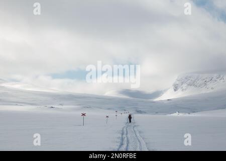 Uno sciatore solitario sulla rotta invernale verso il rifugio Tjaktja sul sentiero Kungsleden, Lapponia, Svezia Foto Stock