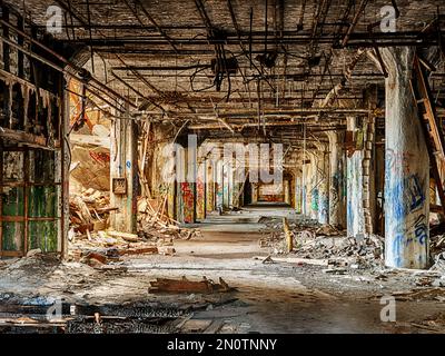 Una vista del pavimento vuoto principale di produzione di una fabbrica automobilistica abbandonata a Detroit, Michigan. Foto Stock