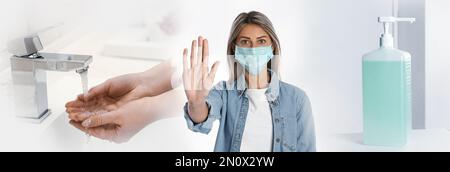 Arrestare la diffusione del coronavirus. Utilizzo di igienizzatore, uso della maschera e lavaggio delle mani, per evitare contaminazioni e design di striscioni Foto Stock