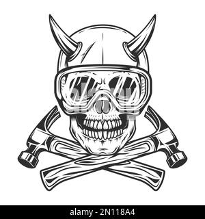Cranio con corna in occhiali di sicurezza e utensile meccanico per riparazione carrozzeria o martello da cantiere in stile monocromatico vintage Foto Stock