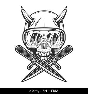 Cranio con corna negli occhiali di sicurezza per la riparazione di cantieri edili e disegno vettoriale monocromatico a coltello incrociato Illustrazione Vettoriale
