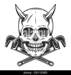 Cranio con corna e chiave da costruzione per tubo per gas e costruttori o carrozzeria utensile meccanico di riparazione chiavi in bianco e nero vintage Illustrazione Vettoriale
