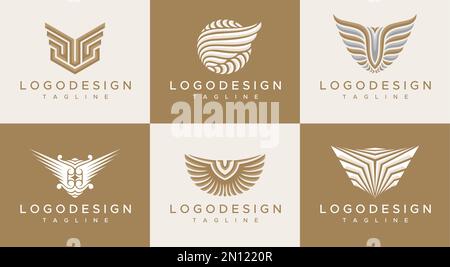 Lussuoso set di modelli con logo ali minimal. Vettore di branding del logo dell'ala d'oro Illustrazione Vettoriale