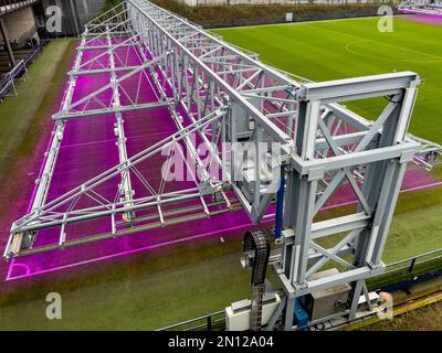 Sistema di illuminazione a LED mobile completamente automatico per l'illuminazione della crescita del manto erboso del campo di calcio del manto erboso guidato dallo stadio del calcio della Bundesliga club c Foto Stock