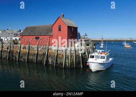 Baracca da pesca a Bradley Wharf, Rockport Habour, Rockport, Massachusetts, USA, Nord America Foto Stock