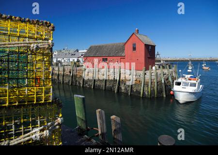 Baracca da pesca a Bradley Wharf, Rockport Habour, Rockport, Massachusetts, USA, Nord America Foto Stock