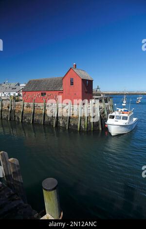 Baracca da pesca a Bradley Wharf, Rockport Habour, Rockport, Massachusetts, USA, Nord America Foto Stock