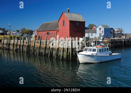 Baracca da pesca a Bradley Wharf, Rockport Habour, Rockport, Massachusetts, USA, Nord America Foto Stock