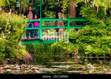 Ponte giapponese sul laghetto di giglio con i visitatori, ex residenza del pittore, dipinto ad olio stilizzato, Claude Monet casa e giardino, Giverny, Normandia Foto Stock