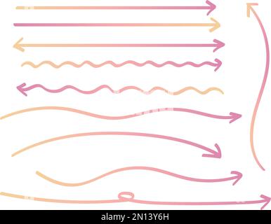 Set di frecce lunghe disegnate a mano con gradiente rosa e giallo. Frecce che si attorcigliano o frecce leggermente curve e diritte. Illustrazione Vettoriale