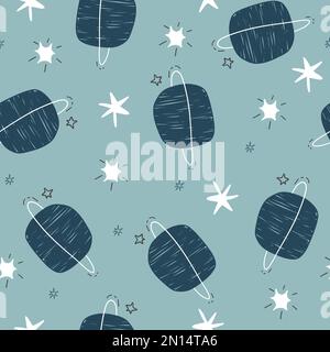 Modello cosmico infantile senza cuciture con pianeti e stelle carini nello spazio. Universo di stile texture doodle ripetitivo. Illustrazione Vettoriale