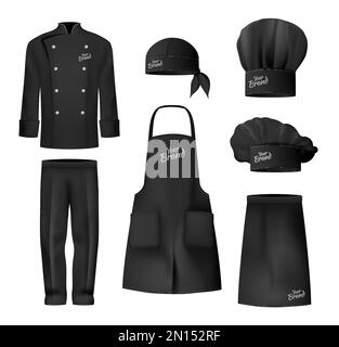 Abbigliamento culinario realistico cappello nero grembiule tunica pantaloni con una targhetta icona set illustrazione vettoriale Illustrazione Vettoriale