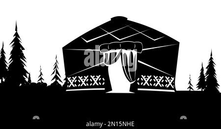Yurt in tundra. Design di silhouette. Dimora di popolazioni nomadi settentrionali nell'Artico. Da feltro e pelli. Isolato su sfondo bianco. Illustrazione Illustrazione Vettoriale