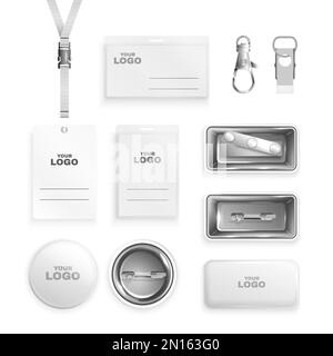 Set realistico di badge in metallo e carta con cordino e clip, illustrazione vettoriale isolata Illustrazione Vettoriale