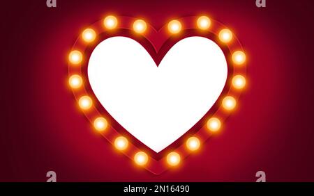 Le finestre bianche a forma di cuore decorate con luci incandescenti brillano nella notte di San Valentino. Per la storia d'amore di San Valentino. Foto Stock