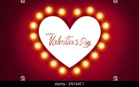 Buon San Valentino. Le mani che scrivono il testo in finestre a forma di cuore decorate con luci incandescenti brillano sulla storia dell'amore di San Valentino night.for. Foto Stock