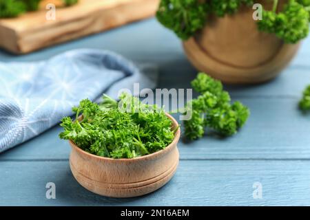 Prezzemolo fresco riccio in ciotola di legno su tavolo blu Foto Stock