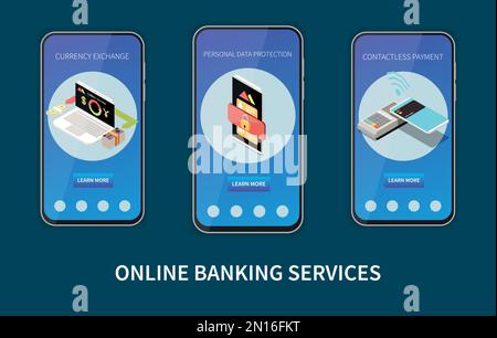 Servizi di mobile banking online sullo schermo dello smartphone con informazioni sul cambio valuta pagamento contactless protezione dei dati personali isometrica v Illustrazione Vettoriale