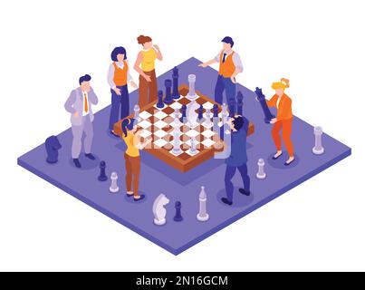 Strategia di business il successo del lavoro di squadra brainstorming concetto isometrico con uomini d'affari e donne intorno scacchiera 3D illustrazione vettore isolato Illustrazione Vettoriale