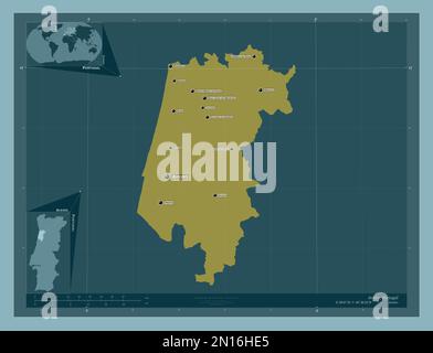 Aveiro, distretto del Portogallo. Forma a tinta unita. Località e nomi delle principali città della regione. Mappe delle posizioni ausiliarie degli angoli Foto Stock